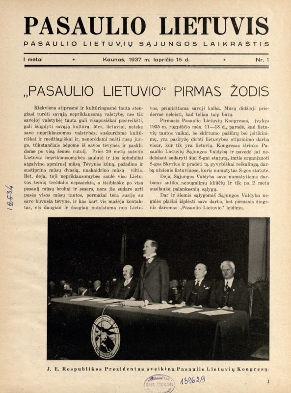 Prezidento Antano Smetonos sveikinimas pirmajam Pasaulio lietuvių kongresui