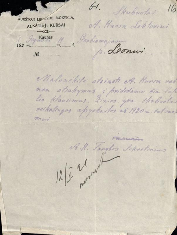 Aukštųjų kursų Tarybos sekretoriaus kreipimasis į Aukštųjų kursų lektorių P. Leoną dėl ataskaitos už 1920-uosius metus pateikimo. 1921 m.