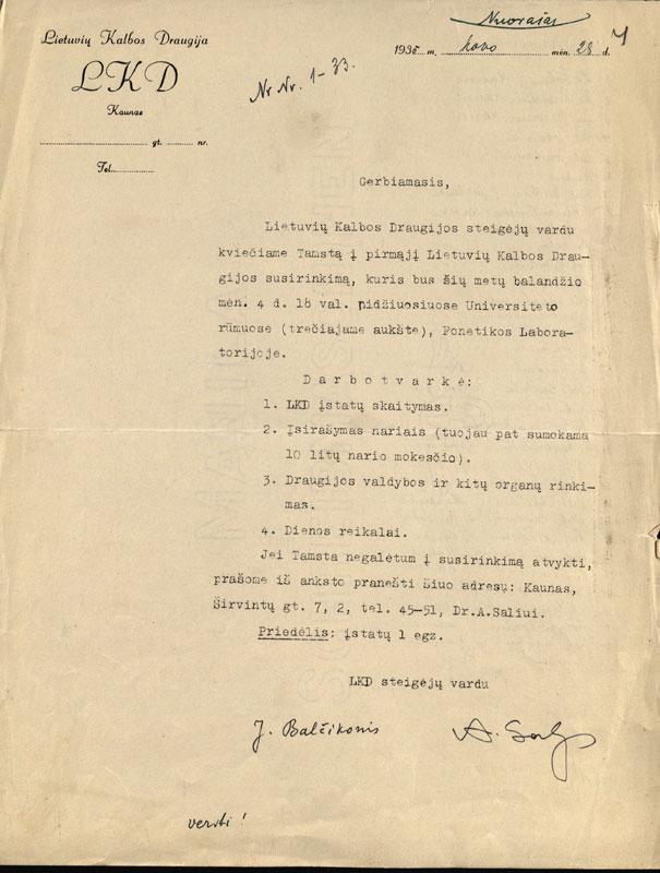 Kvietimas į steigiamąjį Lietuvių kalbos draugijos susirinkimą (1935-03-28)