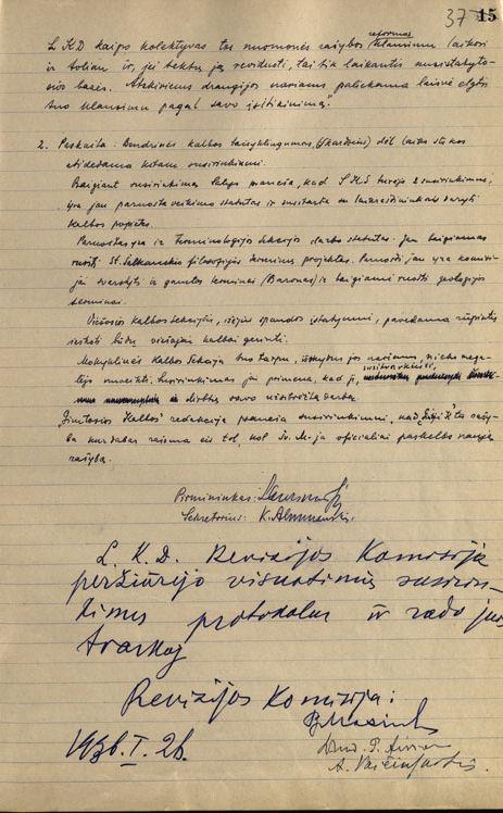 Rašybos klausimai Lietuvių kalbos draugijos visuotiniame susirinkime (protokolo fragmentas, 1935-12-09)