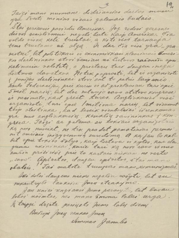 Felicijai Bortkevičienei rašytas Simono Janulio laiškas