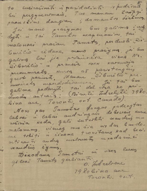Felicijai Bortkevičienei rašytas O. Indrelienės laiškas
