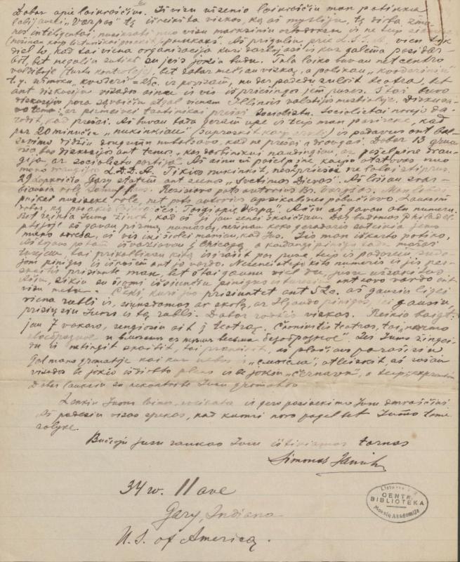 Felicijai Bortkevičienei rašyti Simono Janulio laiškai