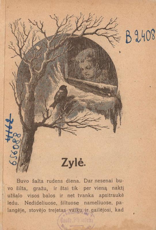 Mūsų gyvulėliai ir paukšteliai: (Bikovienės apsakymėliai). Sulietuvino B. Masiulis; [iliustravo Juozas Zikaras]. [Sankt Peterburgas: Lietuvių draugijos nukentėjusiems dėl karo šelpti Kultūros ir švietimo sekcija], 1917.