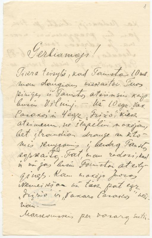 Felicijai Bortkevičienei rašytas Rapolo Skipičio laiškas