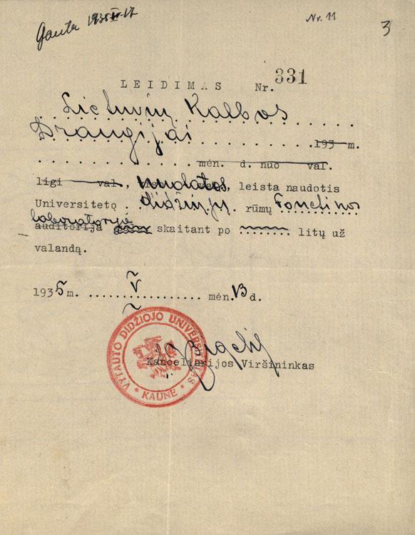 Nuolatinis leidimas nemokamai naudotis Fonetikos laboratorijos patalpomis (1935-05-13)