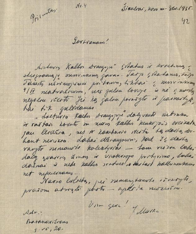 Jono Murkos laiškas dėl visuotinio Lietuvių kalbos draugijos susirinkimo (1935-03-31)