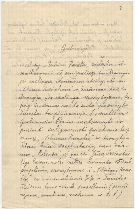 Felicijai Bortkevičienei rašytas Gabrieliaus Landsbergio-Žemkalnio laiškas