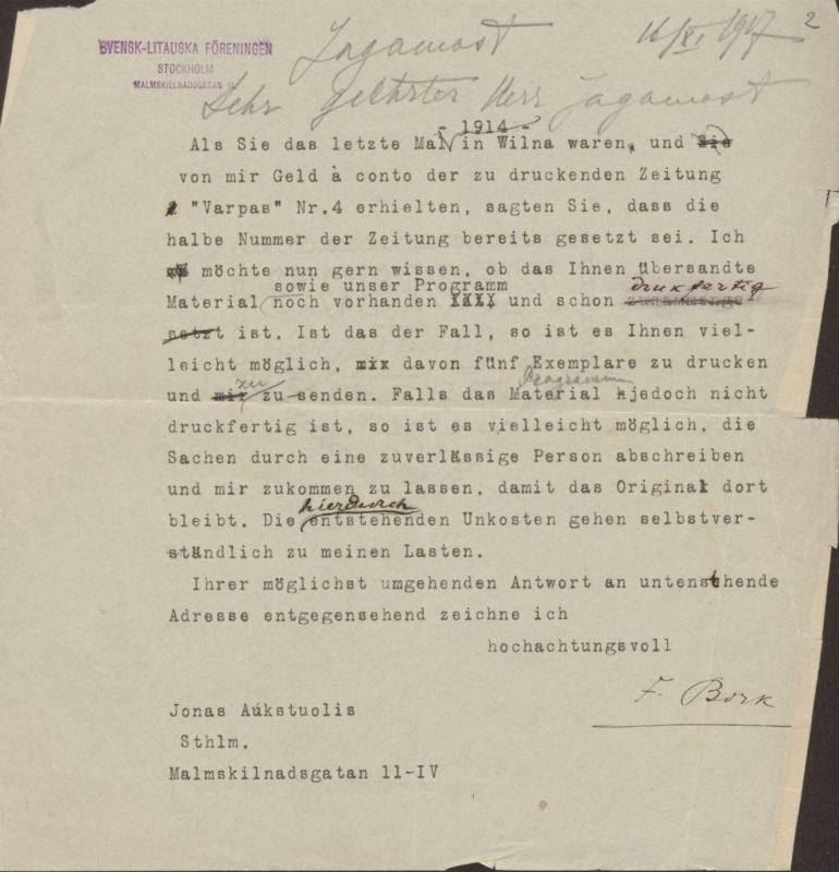 Felicijos Bortkevičienės laiškas Enziui Jagomastui