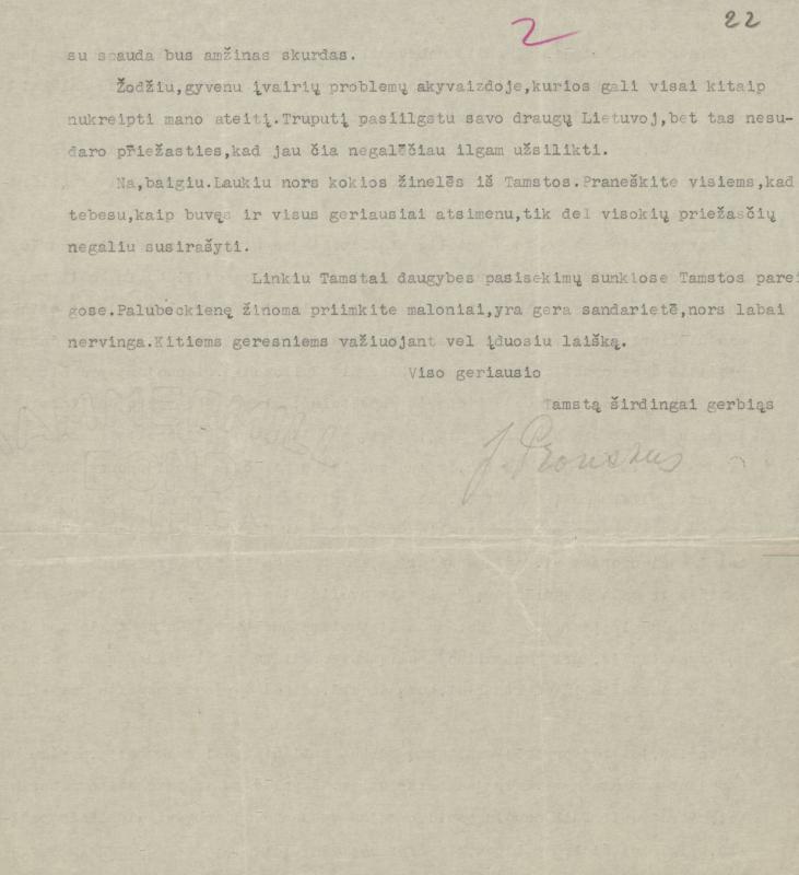 Felicijai Bortkevičienei rašytas Juozo Pronckaus laiškas