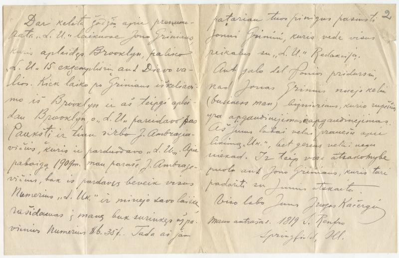 Felicijai Bortkevičienei rašytas Juozo Kačergio laiškas