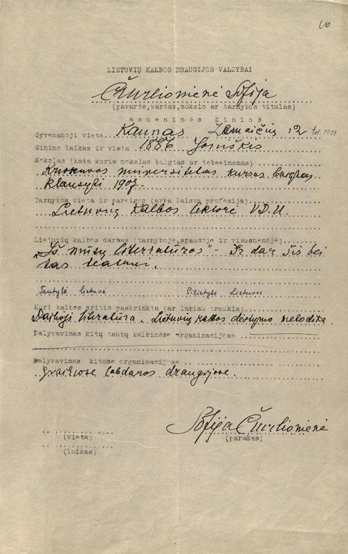 Sofijos Čiurlionienės asmens žinių lapas