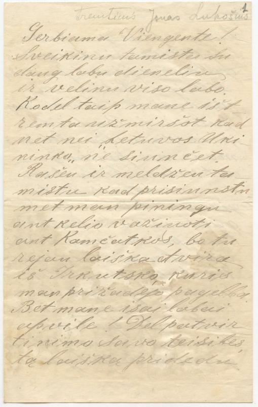 Felicijai Bortkevičienei rašytas Jono Lukošiaus laiškas