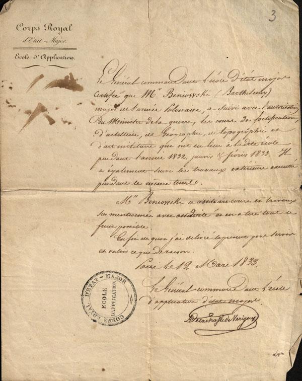Generolo Edme de Lachasse de Vérigny raštas, kuriuo Bartłomiejui Beniowskiui leidžiama išvykti. 1833-03-12. Generolo Edme de Lachasse de Vérigny raštas, kuriuo Bartłomiejui Beniowskiui leidžiama išvykti. 1833-03-12.
