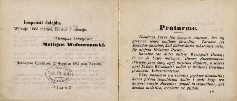 Pasalmes, arba Giesmes Dowido karalaus ir pranaszo. Wilnuje: kasztu ir spaustuwi Jozapas Zawadzki, 1863.
