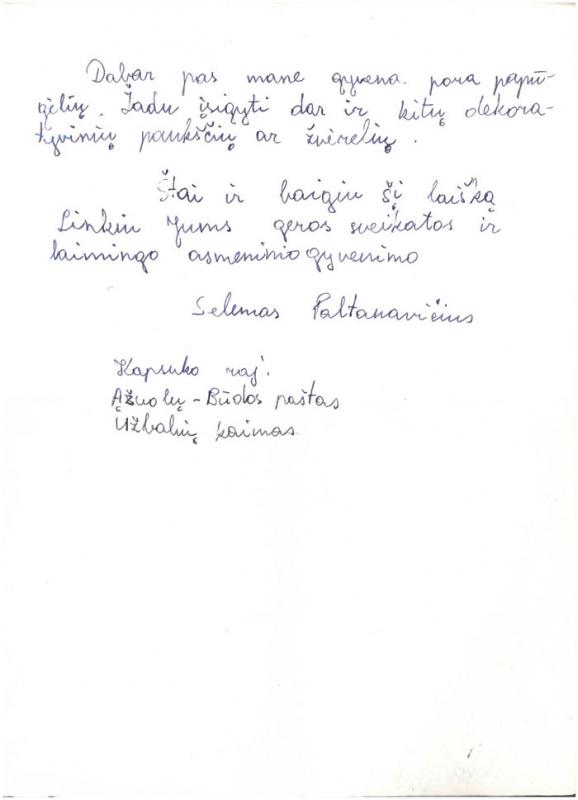 Selemono Paltanavičiaus, 7 klasės mokinio, laiškai Tadui Ivanauskui