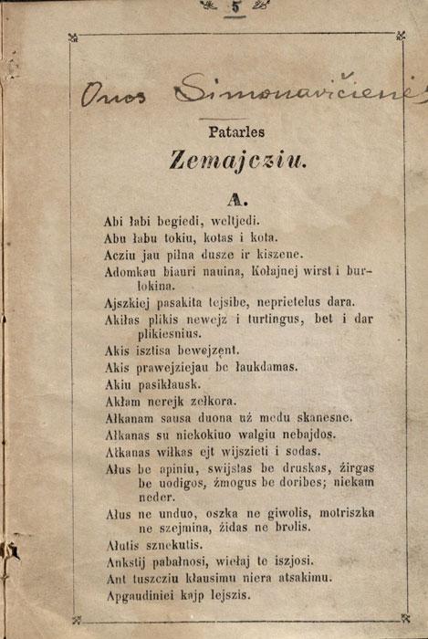 Patarles zemajcziu. Tilžė: Albregso sp., [1867].