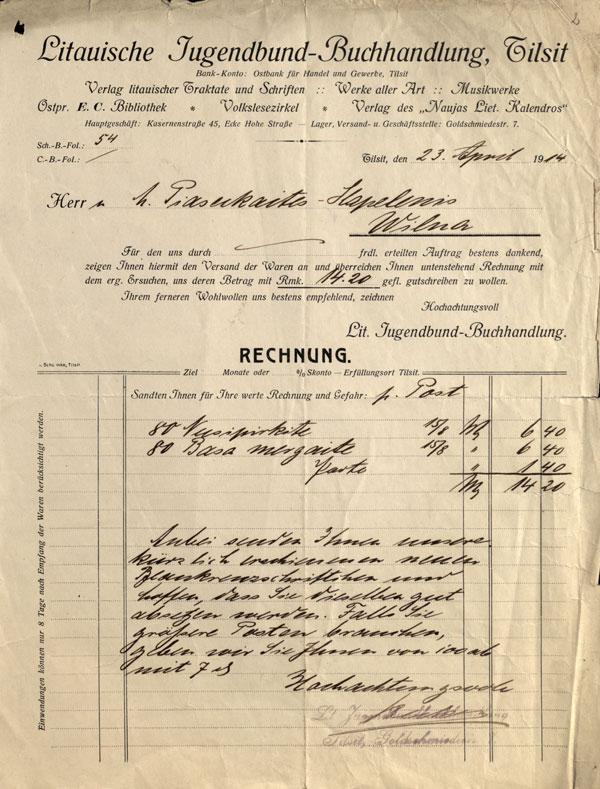 Tilžės lietuviško knygyno „Litauische Jugendbund-Buchhandlung“ iš M. Šlapelienės knygyno pirktų knygų sąskaita