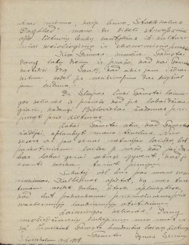 Felicijai Bortkevičienei rašytas Igno Šeiniaus laiškas