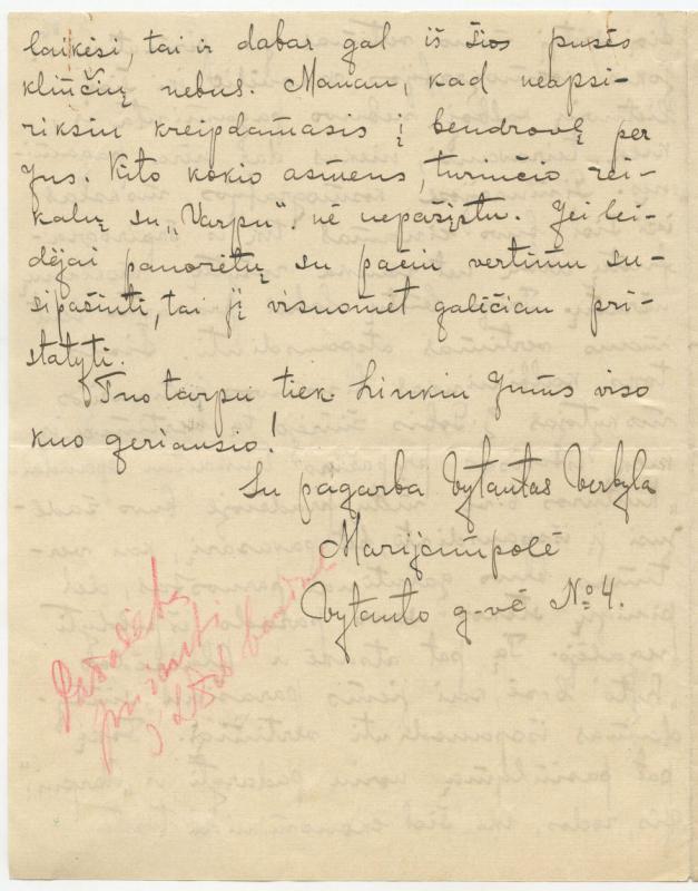 Felicijai Bortkevičienei rašytas Vytauto Verbylos laiškas