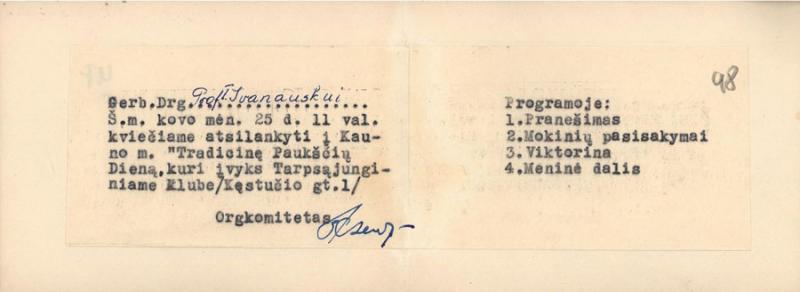 T. Ivanauskui atsiųsti kvietimai į Paukščių dienas. 1957–1962 m.