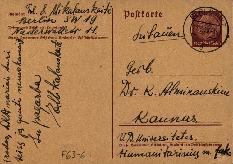 Elzbietos Mikalauskaitės laiškas Kaziui Alminauskiui (1938-03-27)