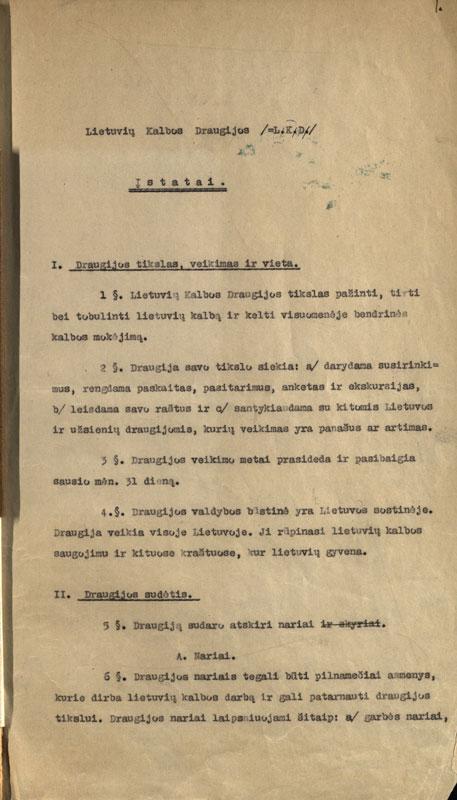 Įregistruoti Lietuvių kalbos draugijos įstatai su redakciniais taisymais (1935)