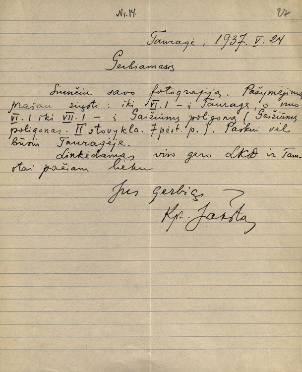 Petro Jakšto laiškas Lietuvių kalbos draugijai (1937-05-24)