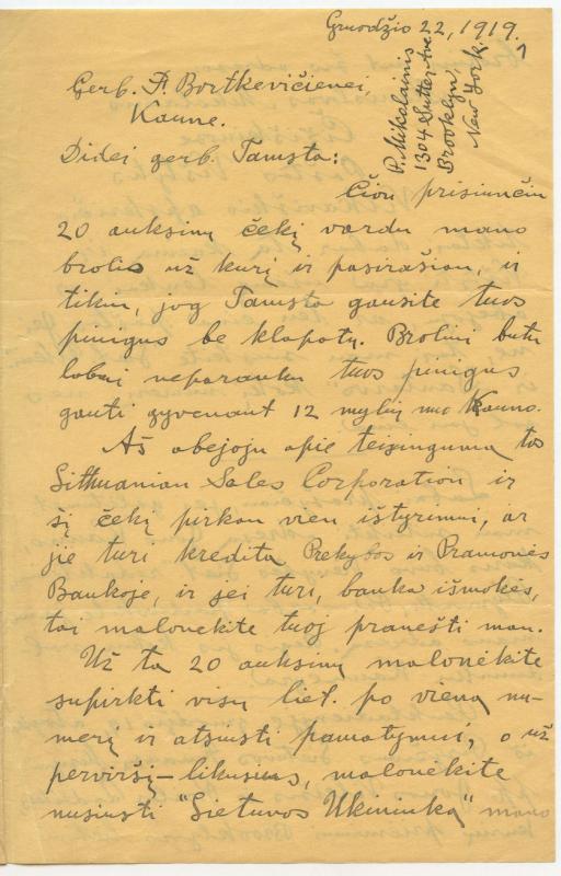 Felicijai Bortkevičienei rašytas Petro Mikolainio laiškas