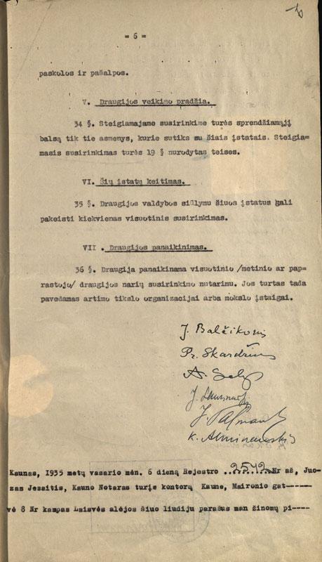 Įregistruoti Lietuvių kalbos draugijos įstatai su redakciniais taisymais (1935)