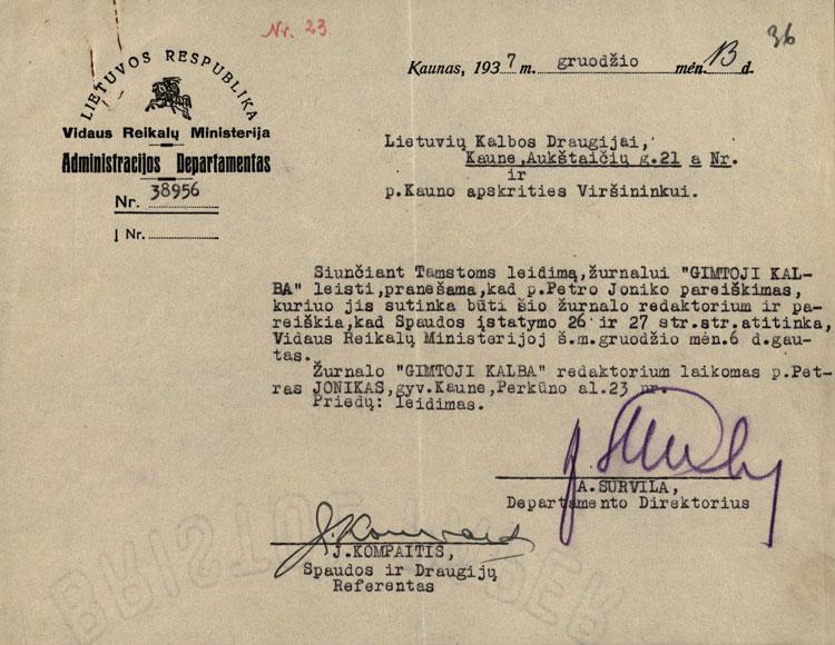 Vidaus reikalų ministerijos pranešimas dėl „Gimtosios kalbos“ žurnalo redaktoriaus (1937-12-13)