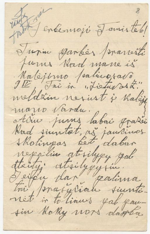 Felicijai Bortkevičienei rašytas Andriaus Verbylos laiškas