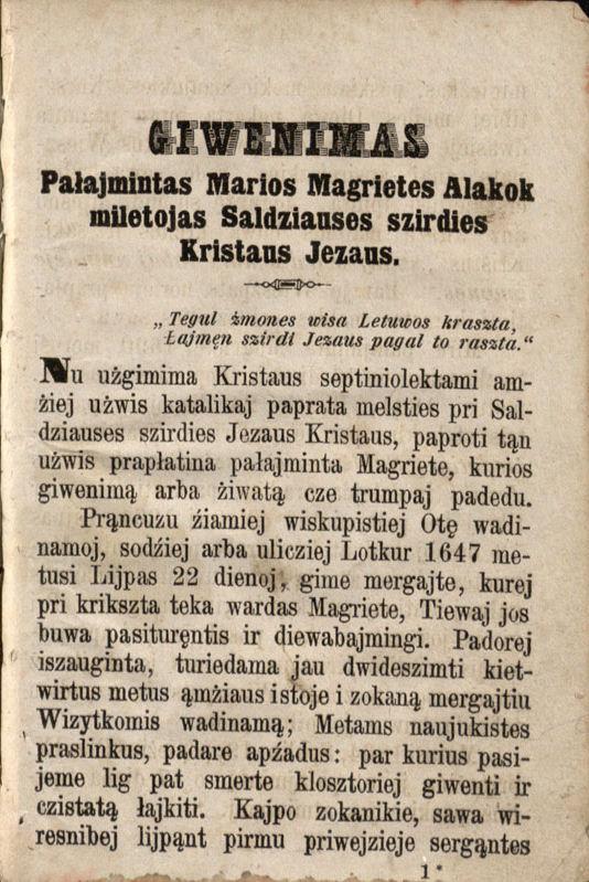Garbinimas szwencziauses Szirdies Diewa musu Jezaus Kristaus. Wilnuoje: kasztu ir spaustuweja Jozupa Zawadzki, 1863.