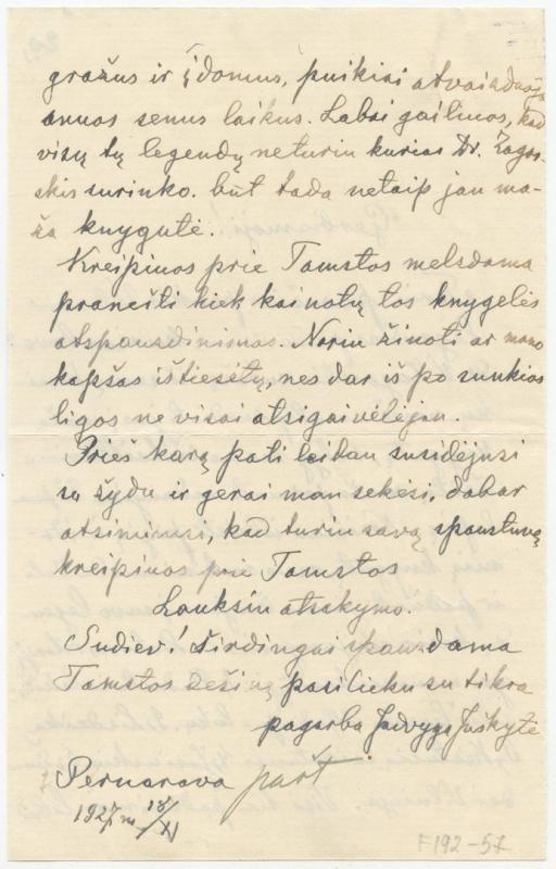 Felicijai Bortkevičienei rašytas Jadvygos Juškytės  laiškas