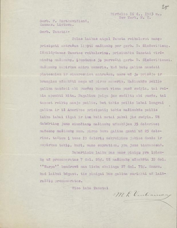 Felicijai Bortkevičienei rašytas Miko L. Vasiliausko laiškas
