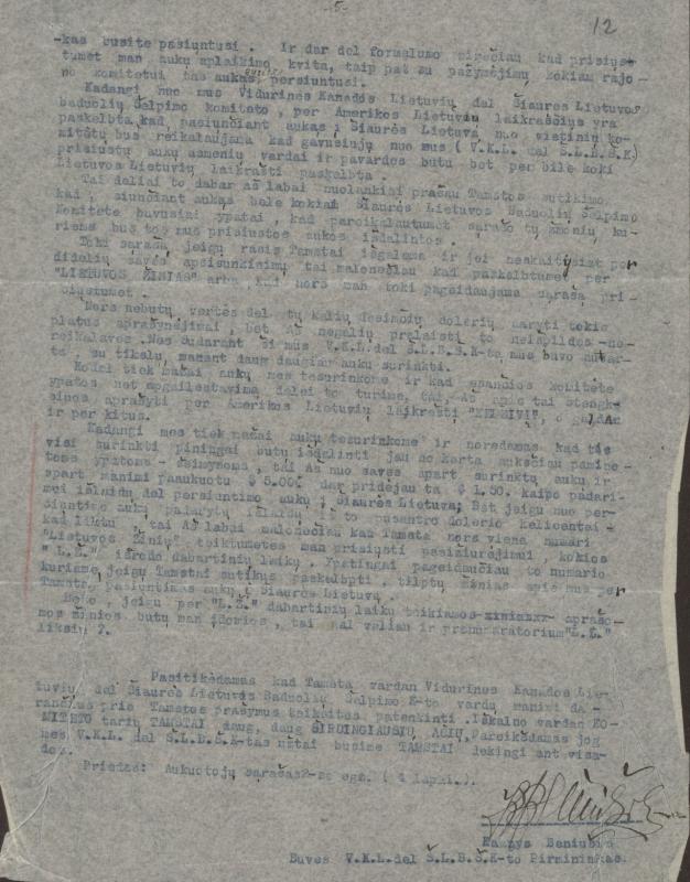 Felicijai Bortkevičienei rašytas Kazio Beniušio laiškas