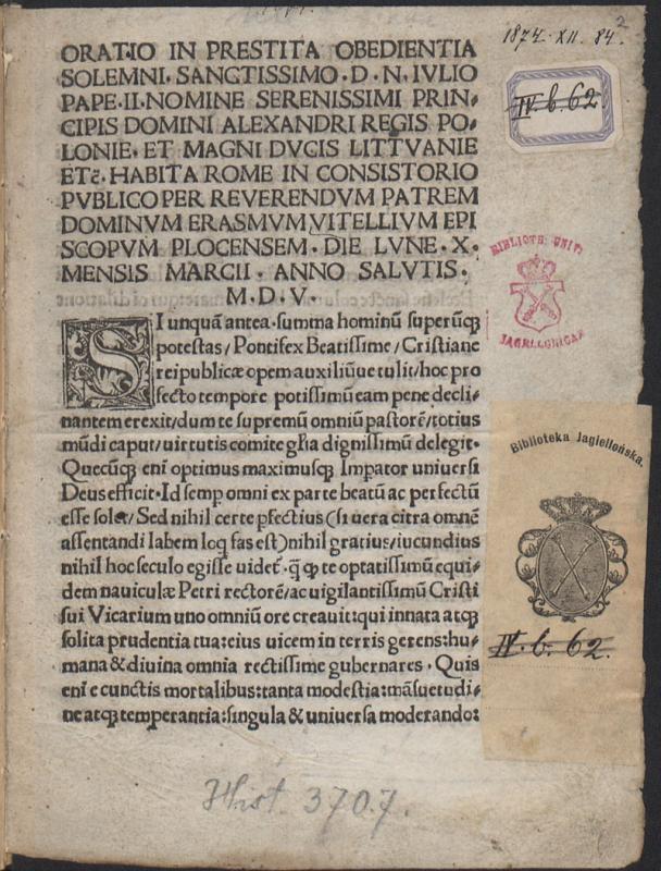 E. Cioleko kalba (1505): antraštinis lapas