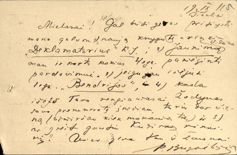 Pelikso Bugailiškio laiškas Marijai ir Jurgiui Šlapeliams