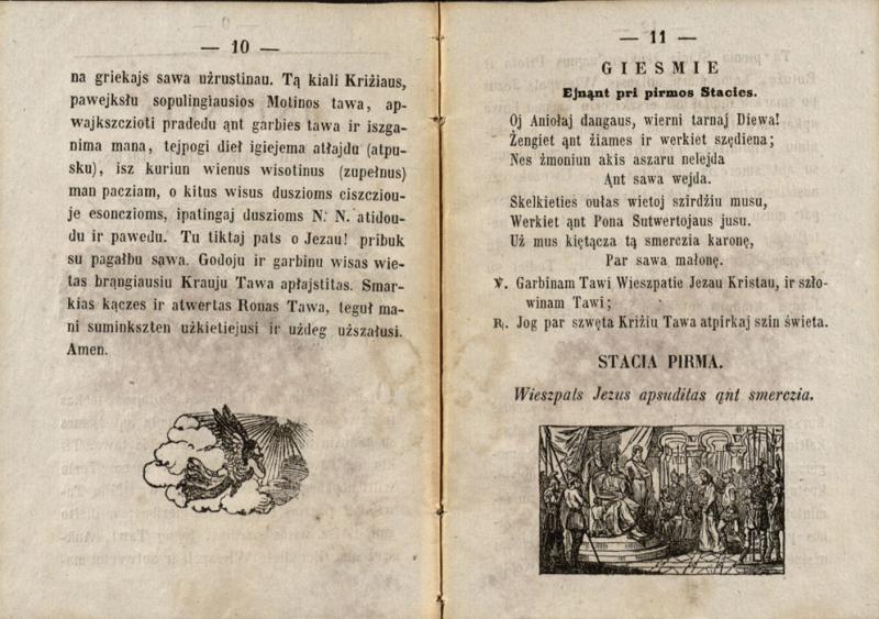 Kałwaria arba Kialas Kriżiaus sopulun Jezusa Kristusa isz namun Piłota ąnt kałna Kałwarios turenczia kiaturiolika staciu: dieł Diewa-bajmingu żiamajcziu suprastintaj partajsita ir isz nauja spaustuwien paduota. Wilniuj: kasztu ir spaustuwi Juzapa Zawadzkie, 1858.