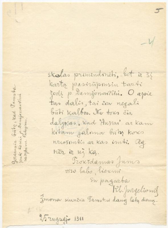 Felicijai Bortkevičienei rašytas Kleopo Jurgelionio laiškas