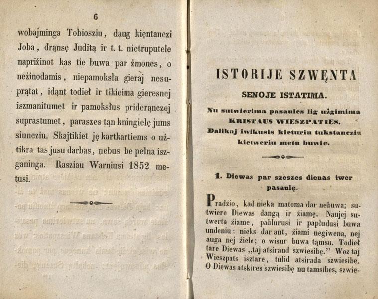 Istorije szwęta Senoje Istatima: nu sutwierima pasaules lig użgimima Kristaus Wieszpaties. Wilniuj: spaustuwieje Jozapa Zawadzkia, 1852.