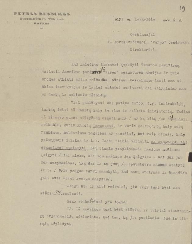 Felicijai Bortkevičienei rašytas Petro Rusecko laiškas