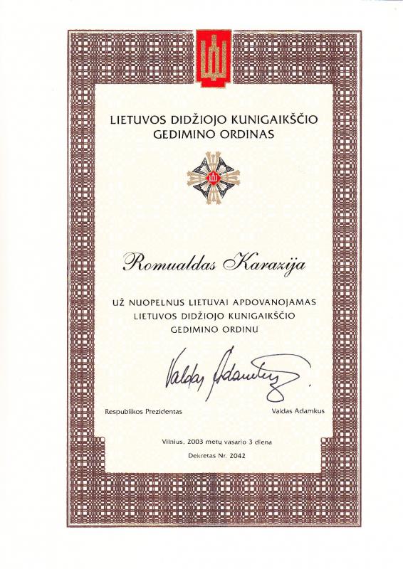 Gedimino ordino Karininko kryžius, 2003 m.