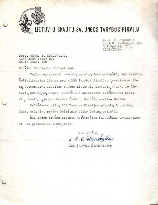 A. V. Dundzilos laiškas skautui S. Kolupailai
