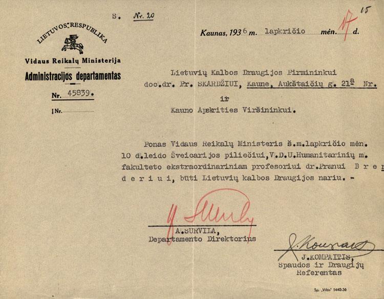 Leidimas Pranui Brenderiui dalyvauti Lietuvių kalbos draugijoje (1936-11-17)
