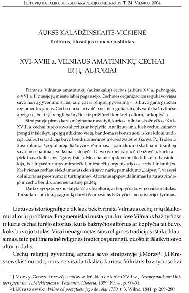 XVI–XVIII a. Vilniaus amatininkų cechai ir jų altoriai