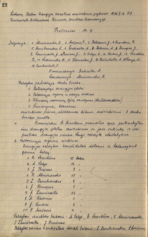 Lietuvių kalbos draugijos valdymo organų ir sekcijų narių rinkimai (visuotinio susirinkimo protokolo fragmentas, 1936-10-12)