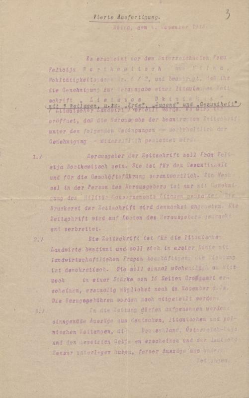 Felicijos Bortkevičienės susirašinėjimas su vokiečių karine valdžia Lietuvoje