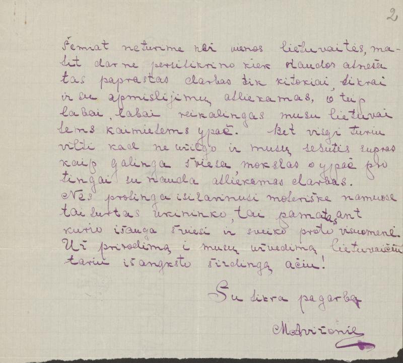 Felicijai Bortkevičienei rašytas M. Avižonienės laiškas