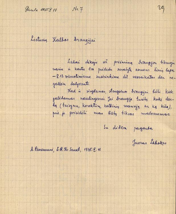Juozo Laboko laiškas dėl LKD asmens žinių lapo ir dalyvavimo LKD veikloje (1935-05-11)